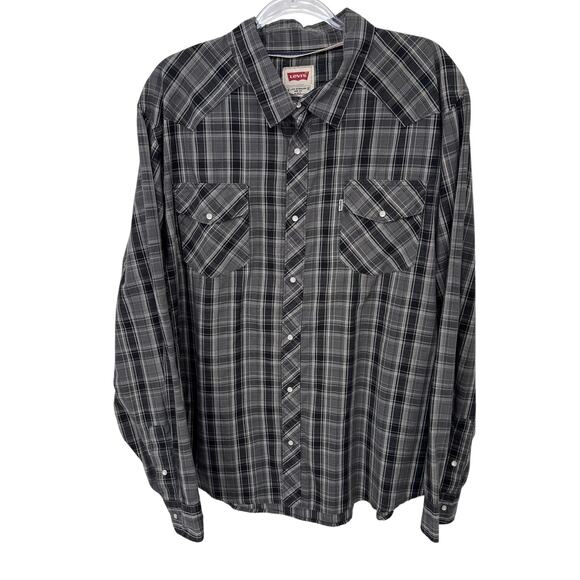Levi's Western Pearl Snap Long‎ Sleeve Shirt Mens XXL Gray Plaid Cotton - Picture 1 of 13